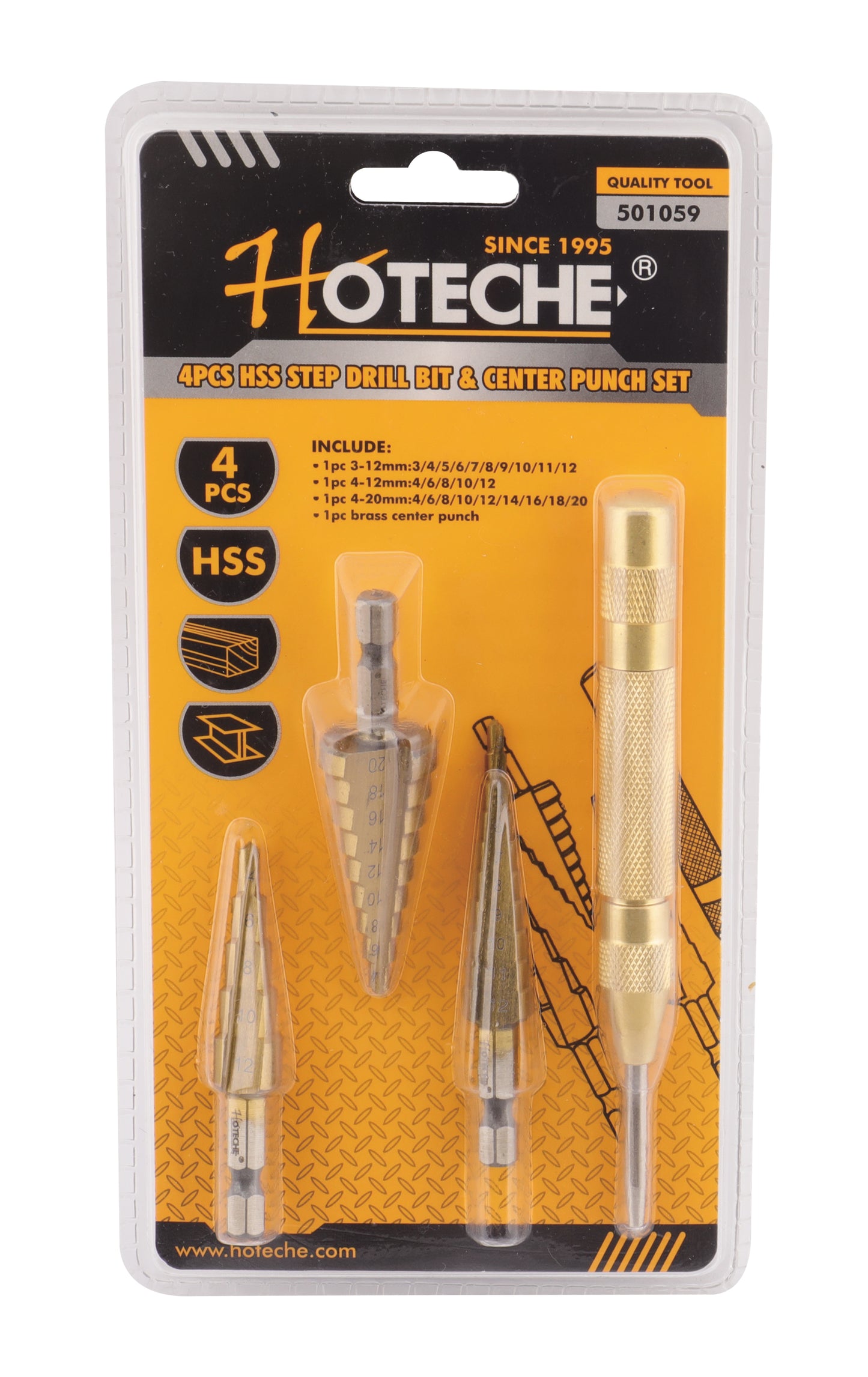 501059- HOTECHE JUEGO DE 4 BROCAS ESCALONADAS HSS Y PUNZONES CENTRALES